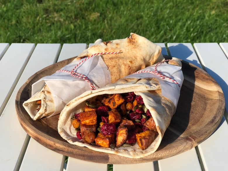 Wraps met zoete aardappel, kikkererwten en cranberries (Vegan)